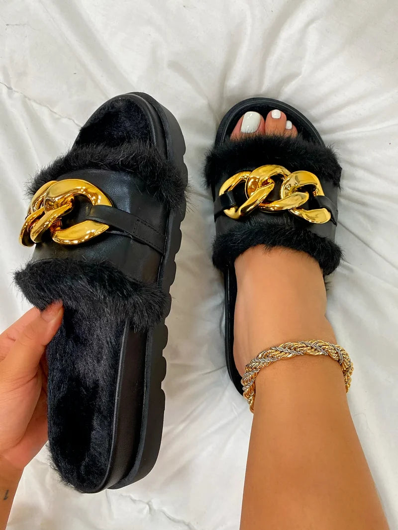 2021 Winter Plush Slippers Fashion Open Toe Solid Color Women's Sandals Metal Chain Outdoor Casual Women's Shoes Fashion Shoes