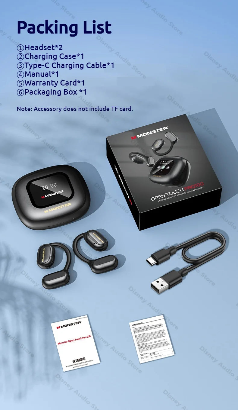 Monster Smart Touch Screen Bluetooth 5.4 Earphones Sports OWS Wireless Headphone IPX5 Waterproof Headsets Support TF Card Music