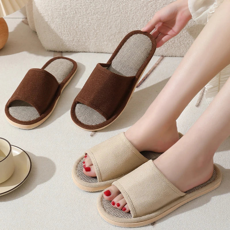 Men Linen Slippers Couples Fashion Women Casual Home Slippers Indoor Floor Flat Shoes Sandals Slides Four Seasons At Home