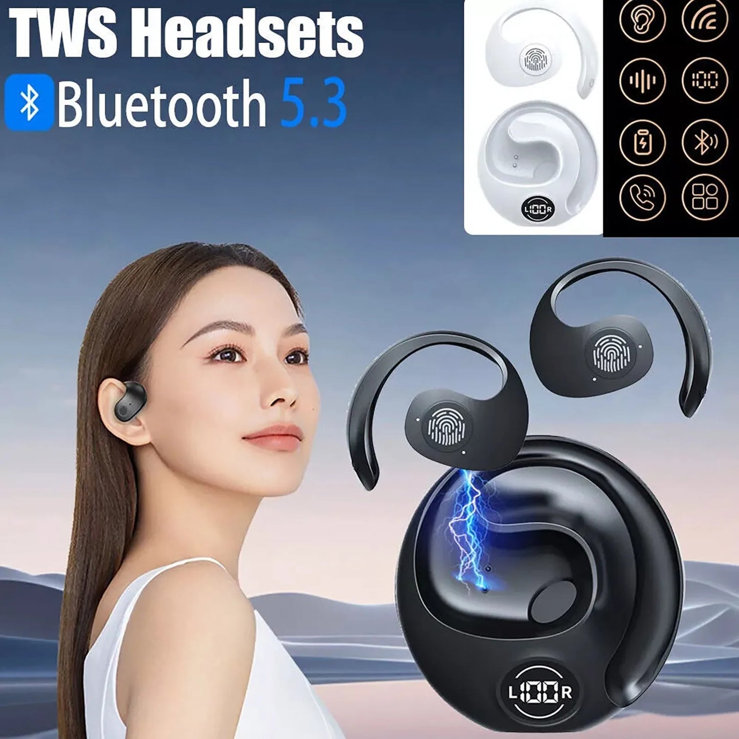 Wireless Bluetooth 5.3 Headphones Waterproof Mini Ear Hook Headset TWS Earbuds HiFi Bass Noise Reduction Earphone For Sports Gym