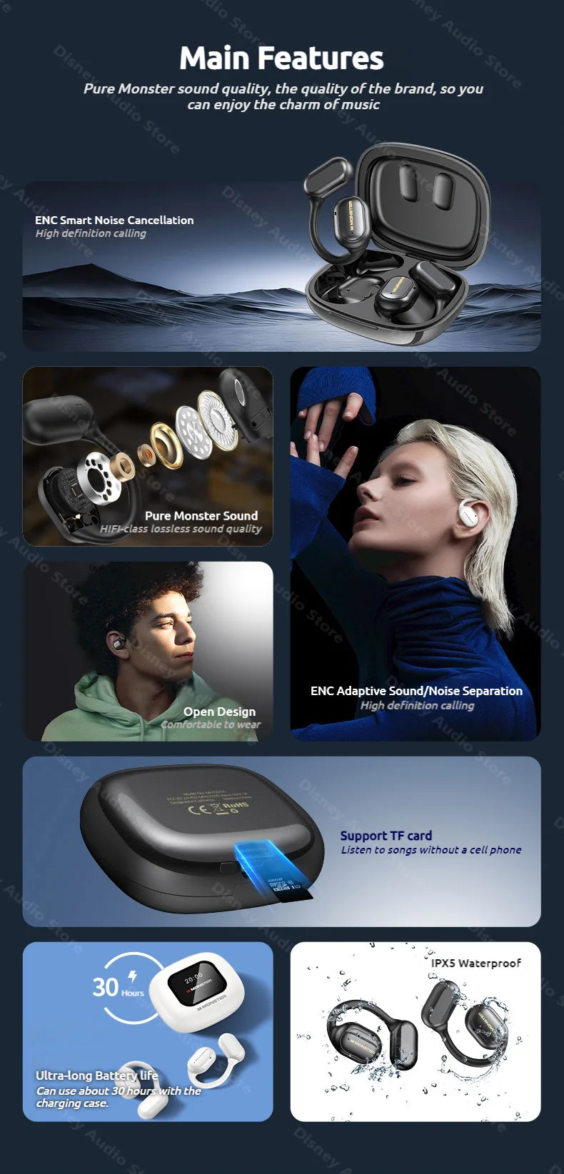 Monster Smart Touch Screen Bluetooth 5.4 Earphones Sports OWS Wireless Headphone IPX5 Waterproof Headsets Support TF Card Music