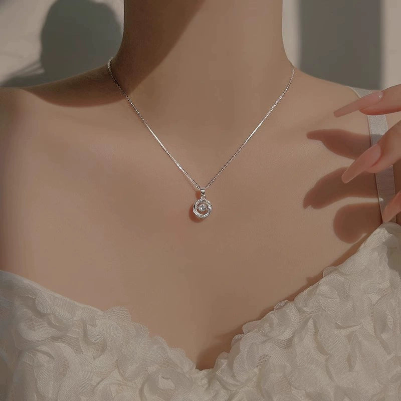 S999 Pure Silver Beating Heart Necklace Female Affordable Luxury Style round Smart Clavicle Chain Christmas Gift for Girlfriend