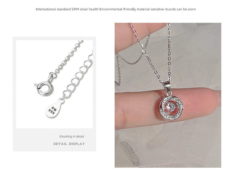 S999 Pure Silver Beating Heart Necklace Female Affordable Luxury Style round Smart Clavicle Chain Christmas Gift for Girlfriend