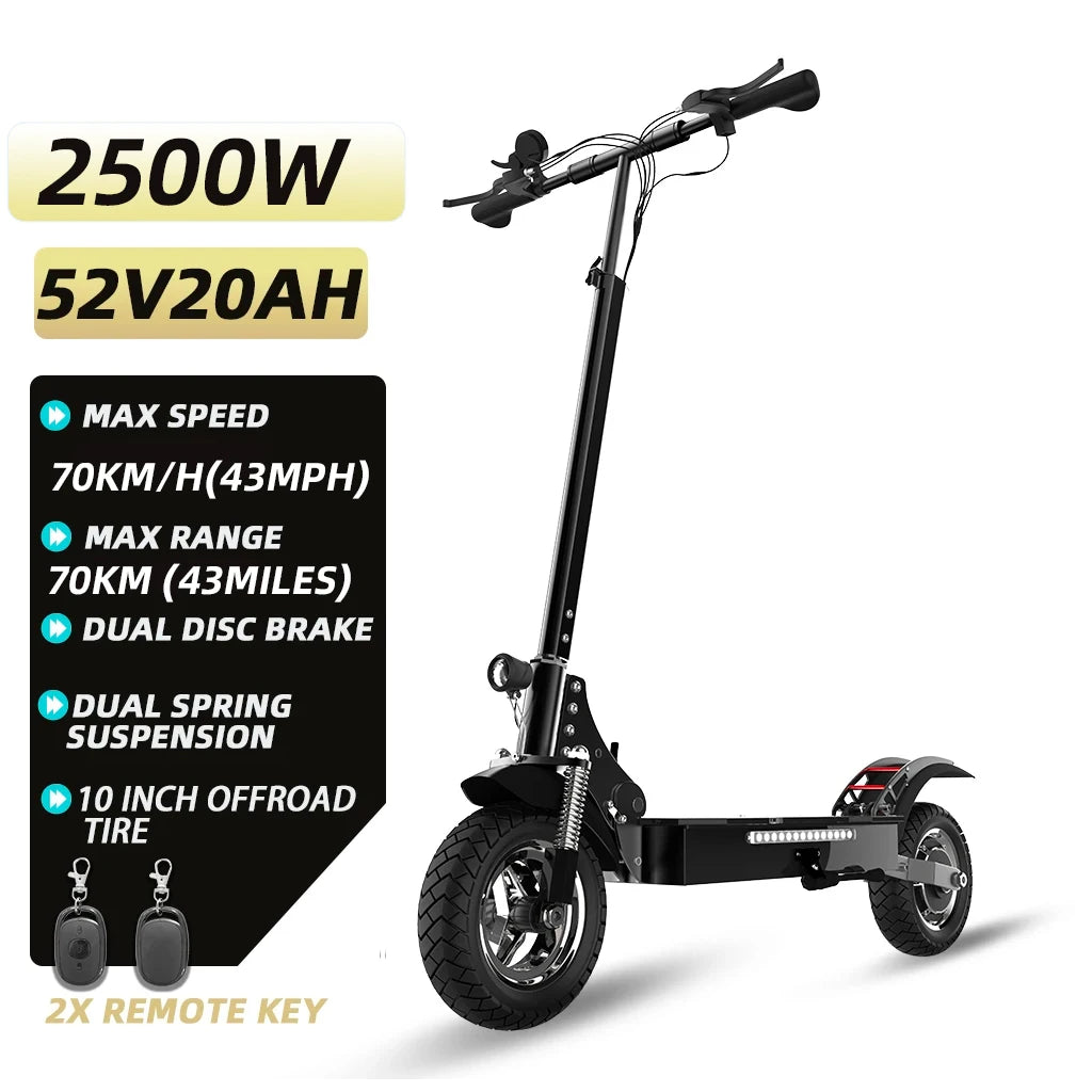 Electric Scooter Adults, 10" Pneumatic Tire, 2500W , Max 70KM Long Range Double Braking System Adult Electric Scooter with LCD