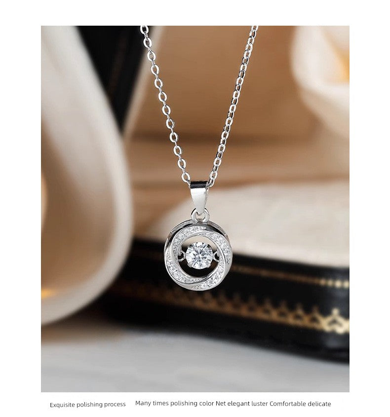 S999 Pure Silver Beating Heart Necklace Female Affordable Luxury Style round Smart Clavicle Chain Christmas Gift for Girlfriend