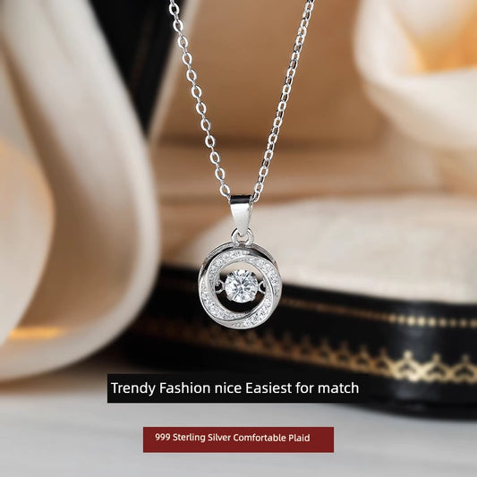 S999 Pure Silver Beating Heart Necklace Female Affordable Luxury Style round Smart Clavicle Chain Christmas Gift for Girlfriend