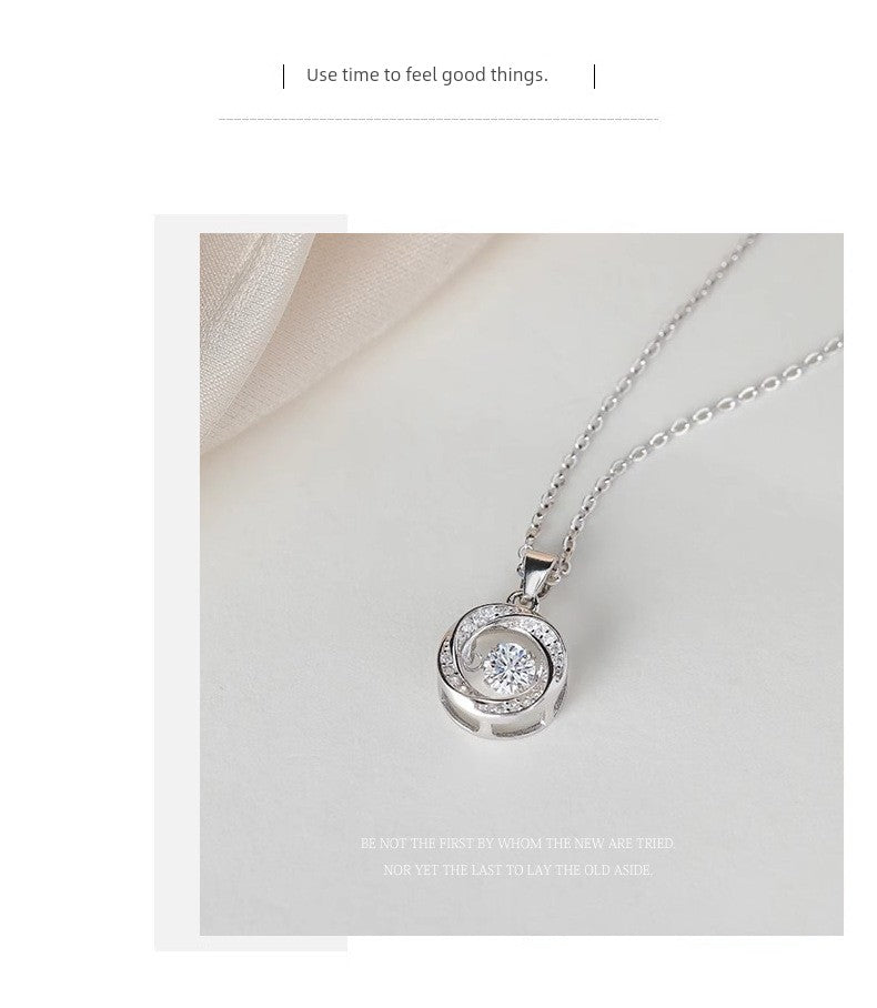 S999 Pure Silver Beating Heart Necklace Female Affordable Luxury Style round Smart Clavicle Chain Christmas Gift for Girlfriend